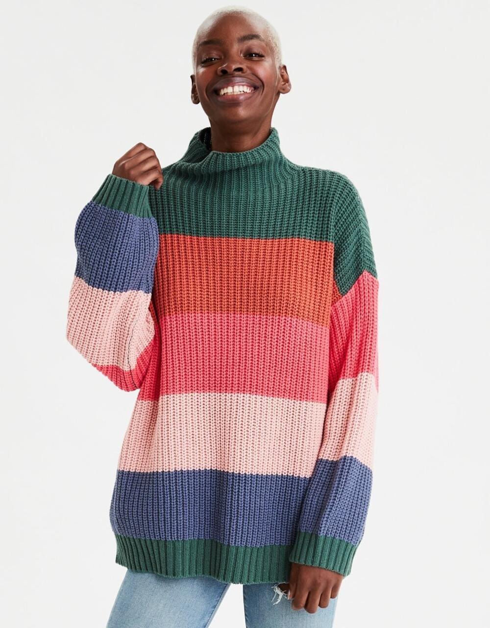 American Eagle | Preppy Turtleneck Multicolor Chunky Knit Sweater Maximalist